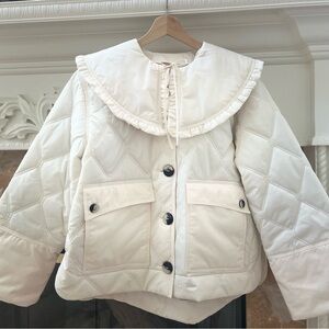 NWT | GANNI Ruffle-trimmed Collar Quilted Shell Jacket In Ecru